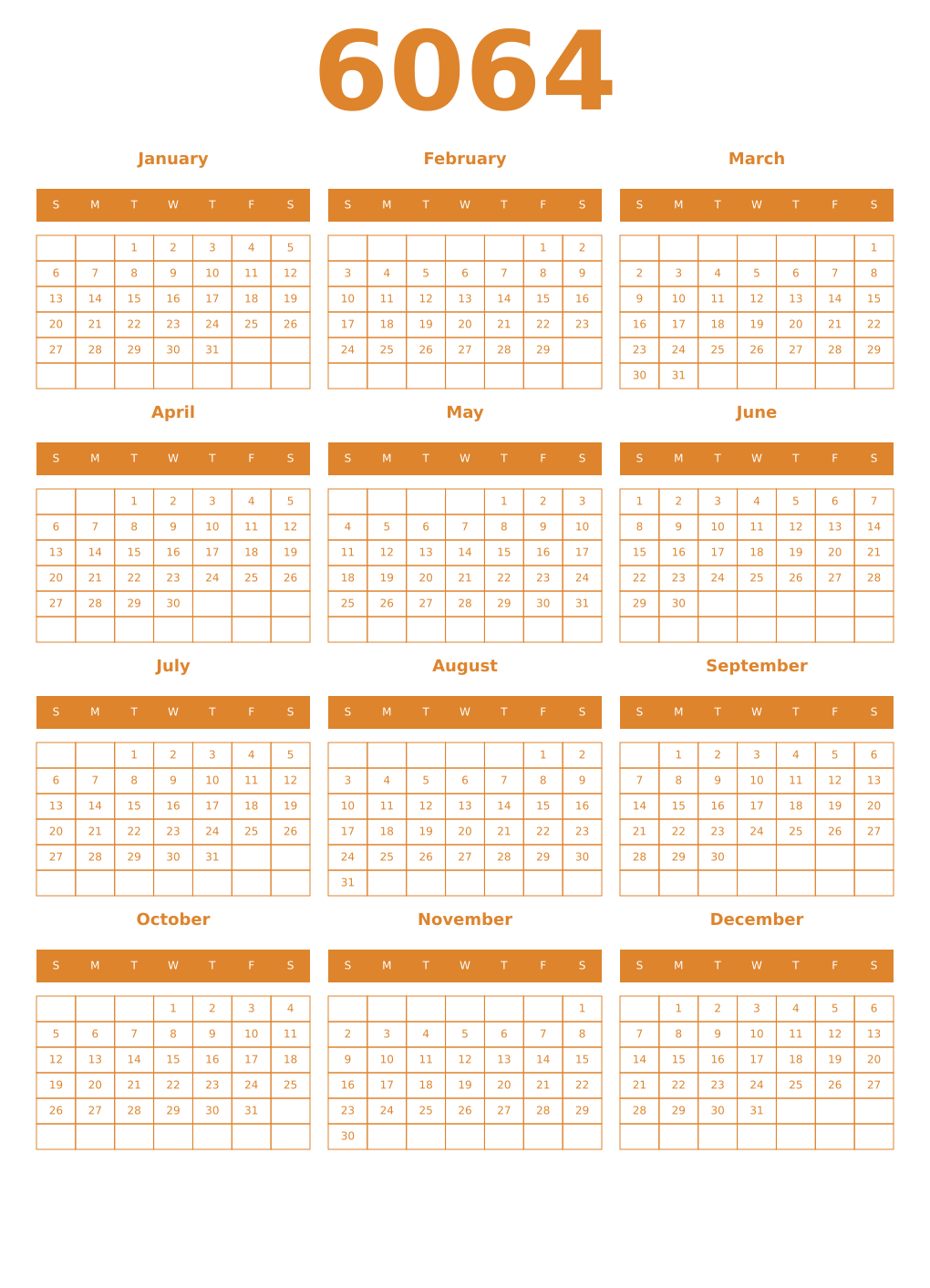 Printable 6064 Year Calendars orange