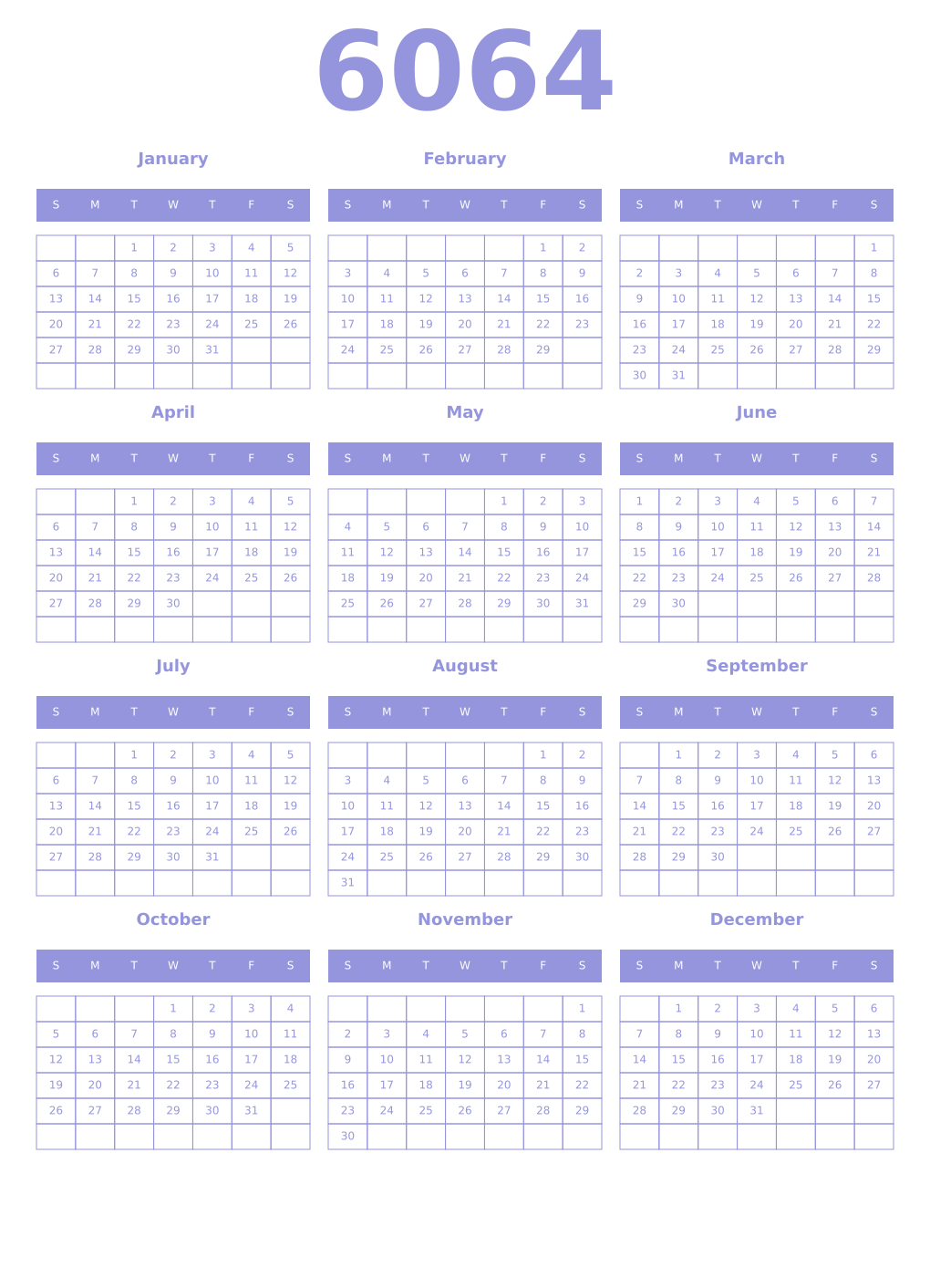Printable 6064 Year Calendars periwinkle