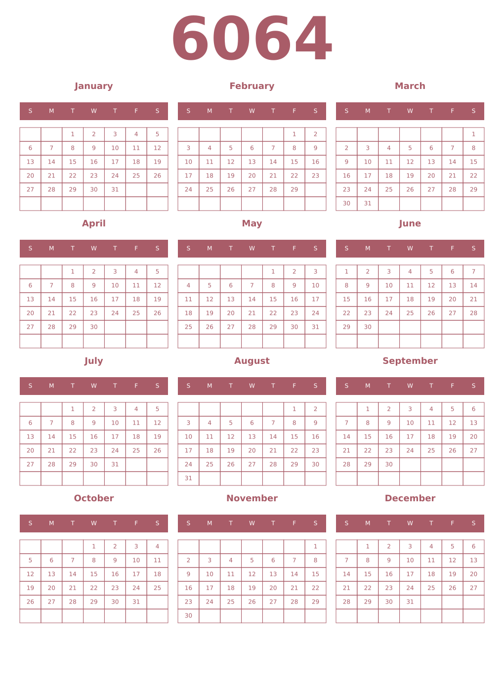 Printable 6064 Year Calendars puce