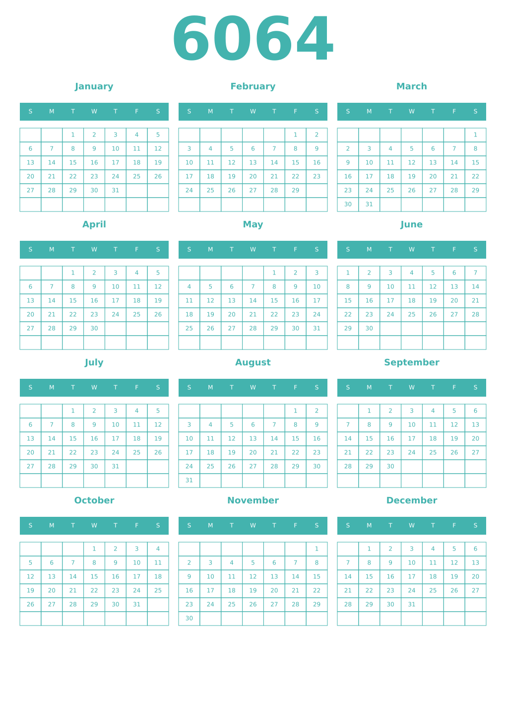 Printable 6064 Year Calendars verdigris