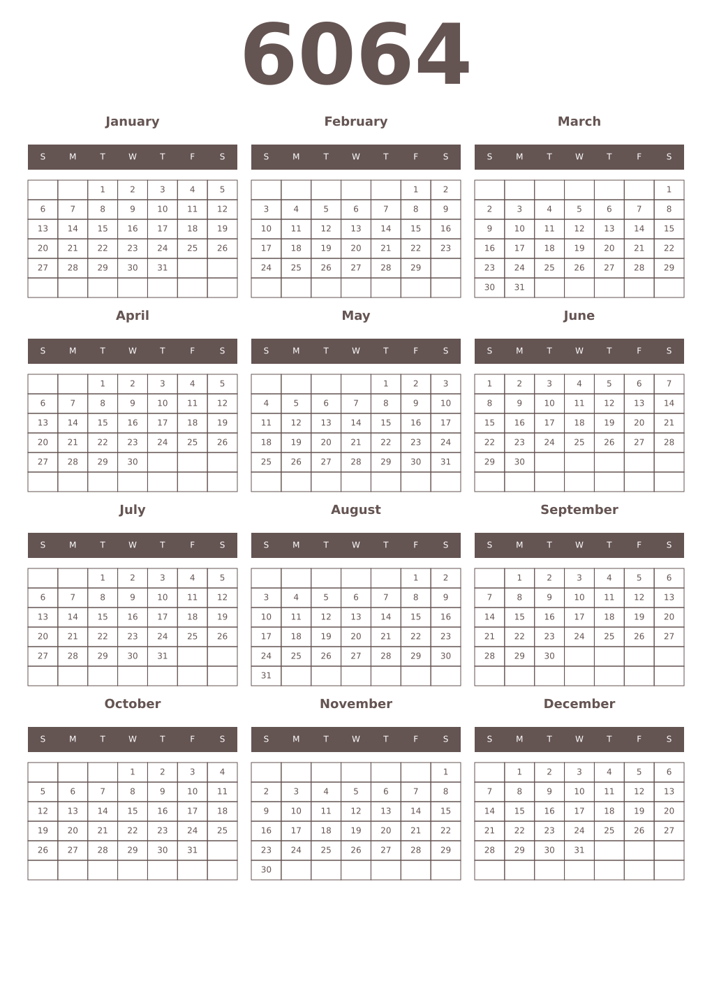 Printable 6064 Year Calendars wenge