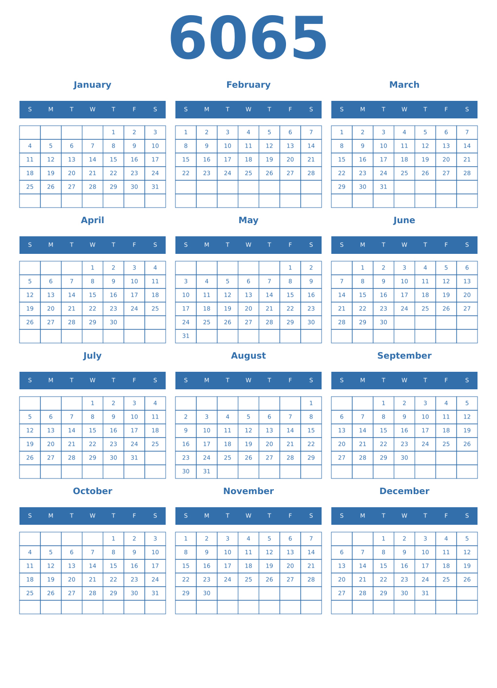 Printable 6065 Year Calendars blue