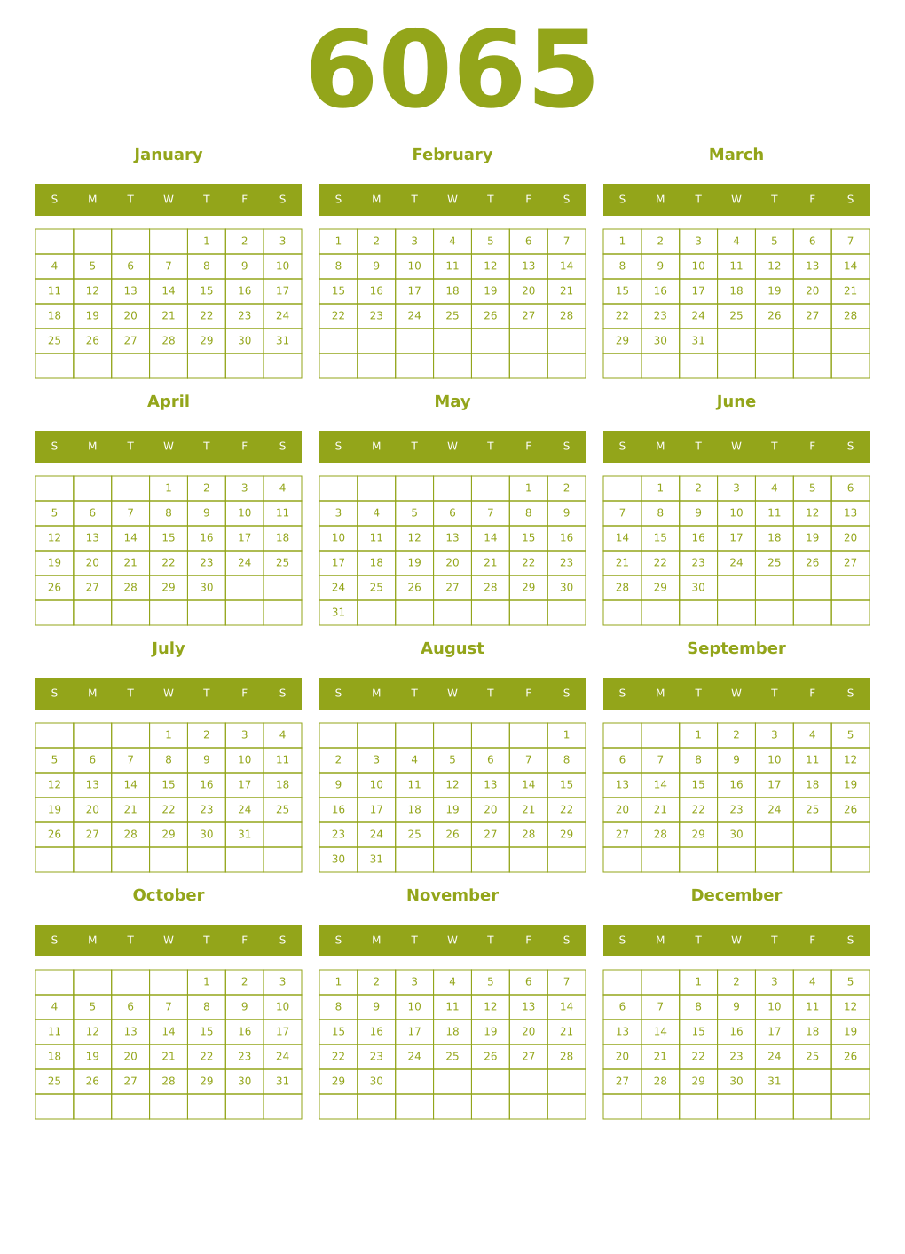 Printable 6065 Year Calendars chartreuse