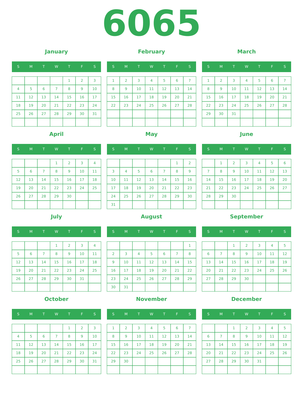 Printable 6065 Year Calendars green