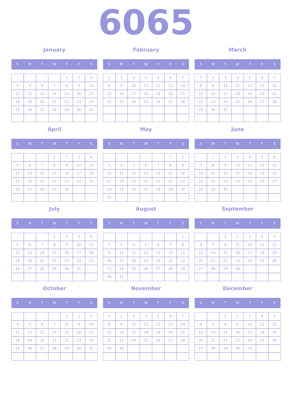 Printable 6065 Year Calendars periwinkle