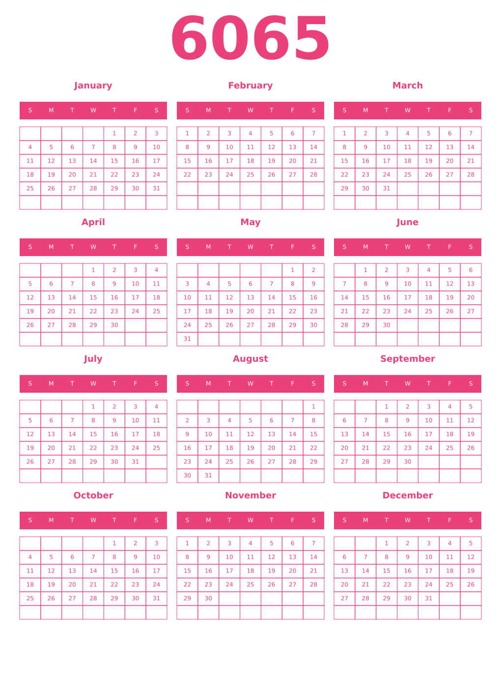 Printable 6065 Year Calendars pink