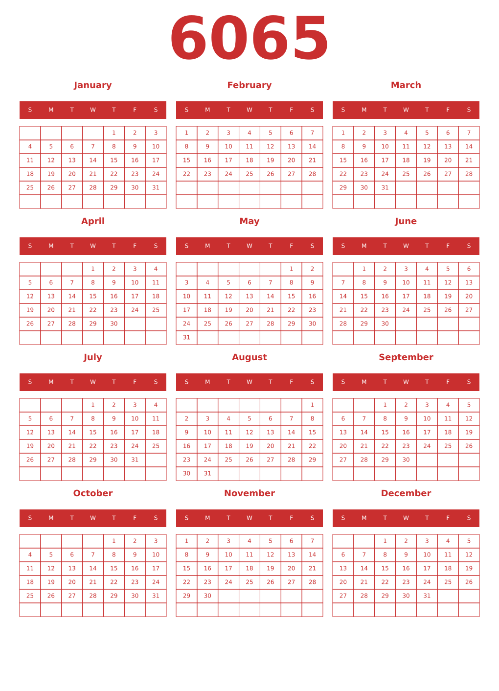 Printable 6065 Year Calendars red