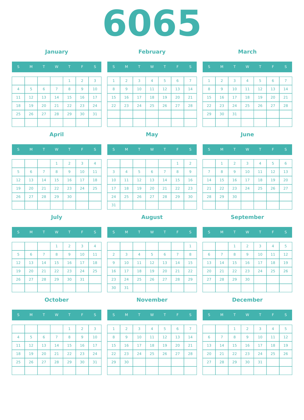 Printable 6065 Year Calendars verdigris