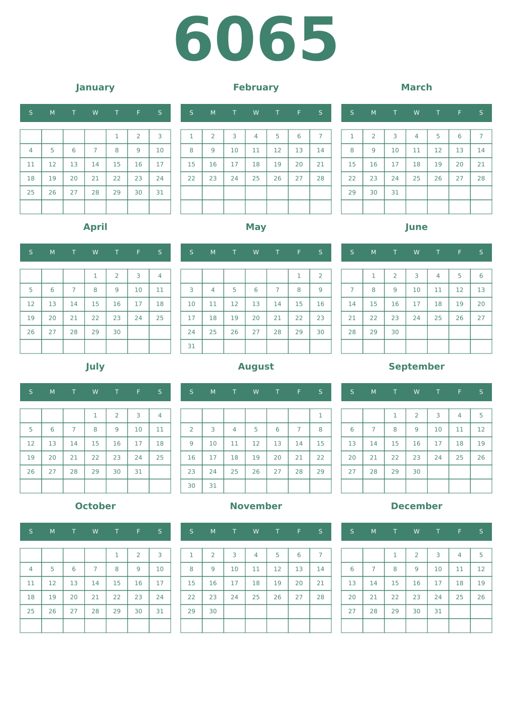 Printable 6065 Year Calendars viridian