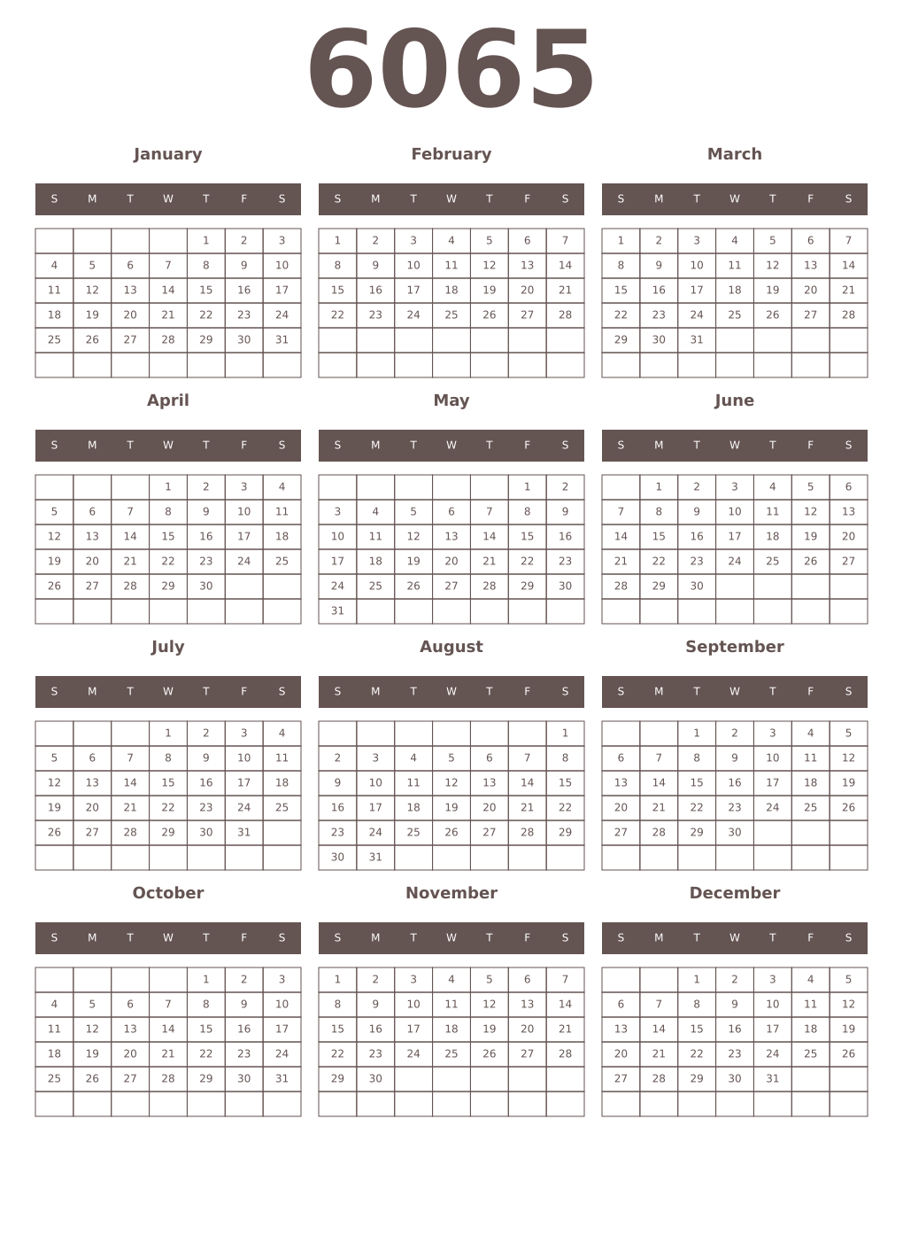 Printable 6065 Year Calendars wenge
