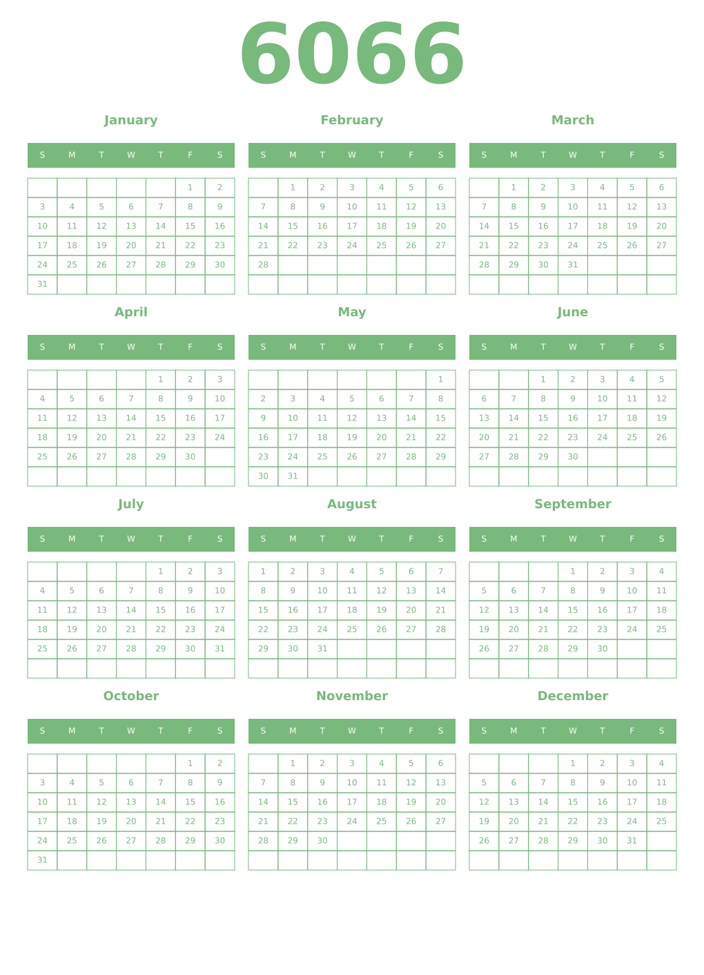 Printable 6066 Year Calendars celadon