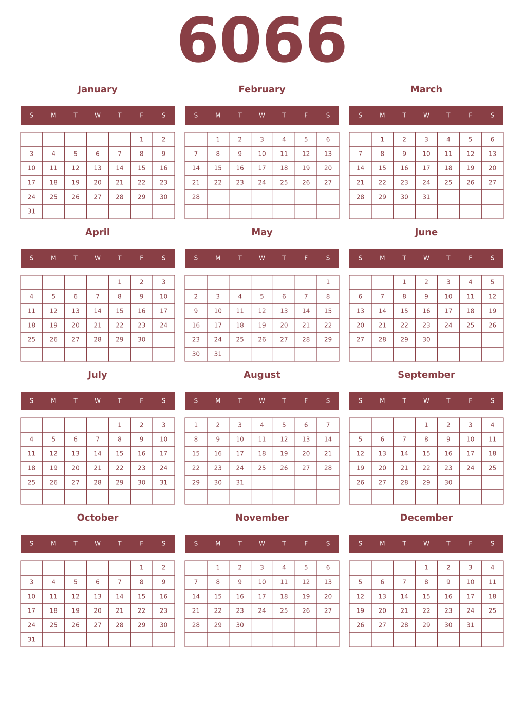 Printable 6066 Year Calendars cordovan
