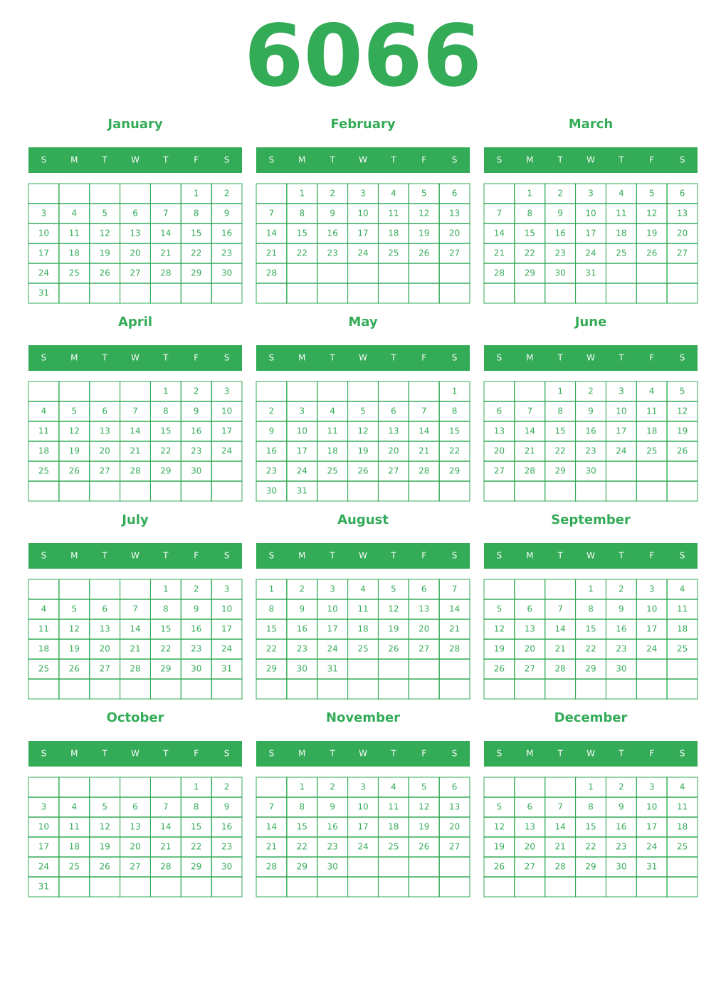 Printable 6066 Year Calendars green
