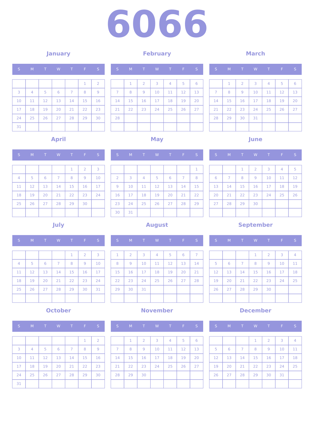 Printable 6066 Year Calendars periwinkle