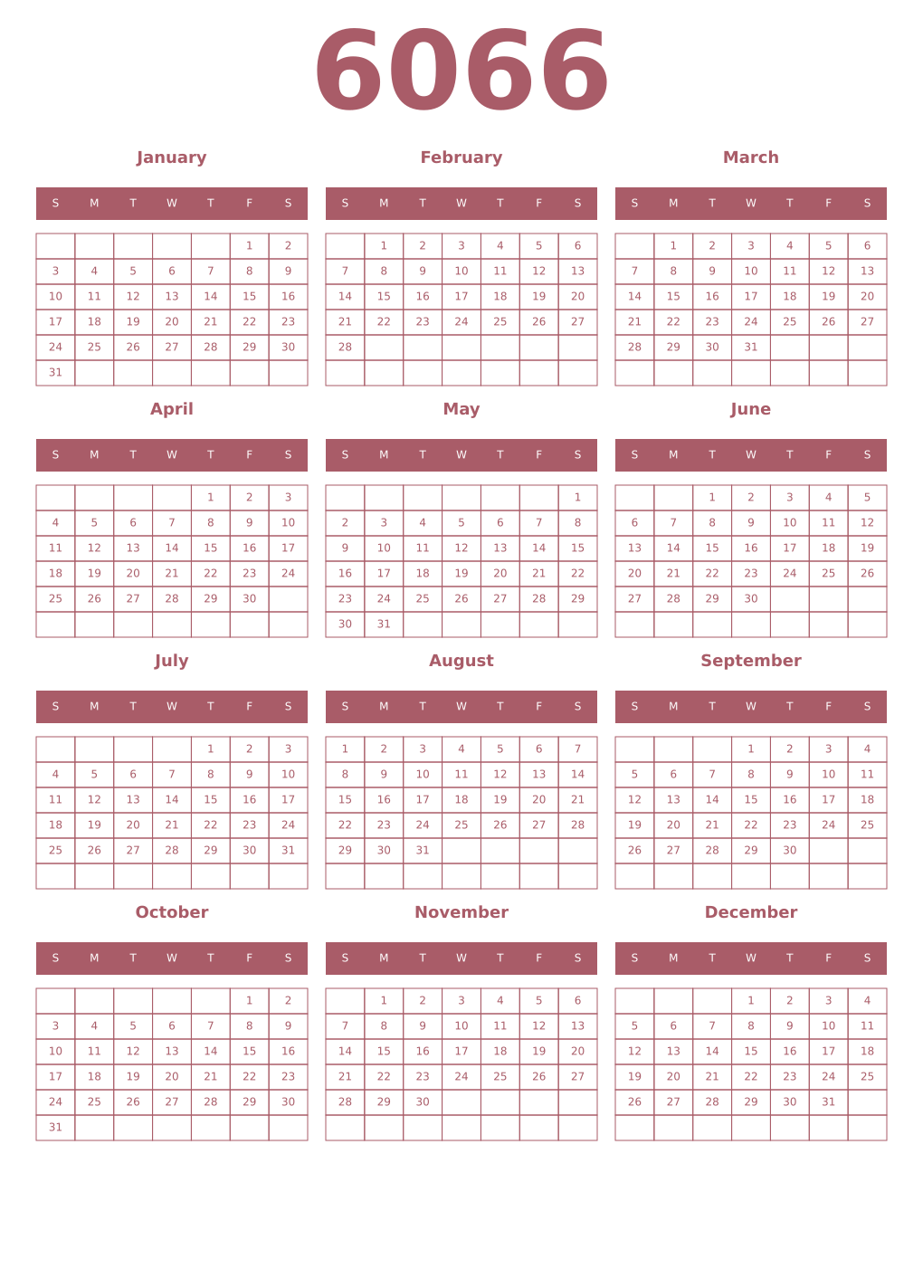 Printable 6066 Year Calendars puce