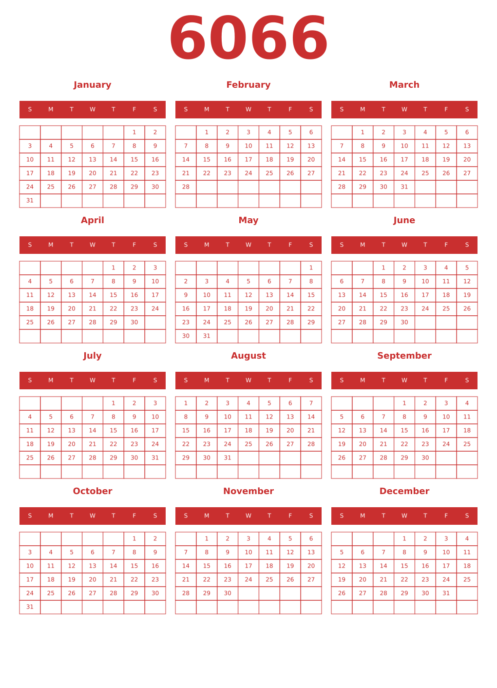 Printable 6066 Year Calendars red