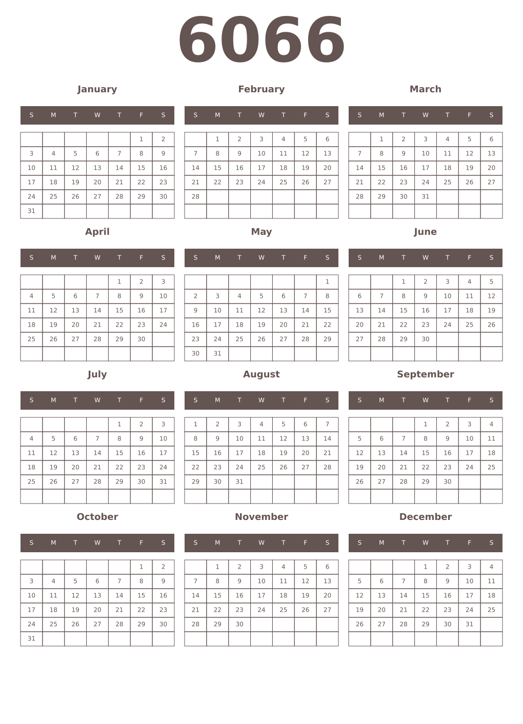 Printable 6066 Year Calendars wenge