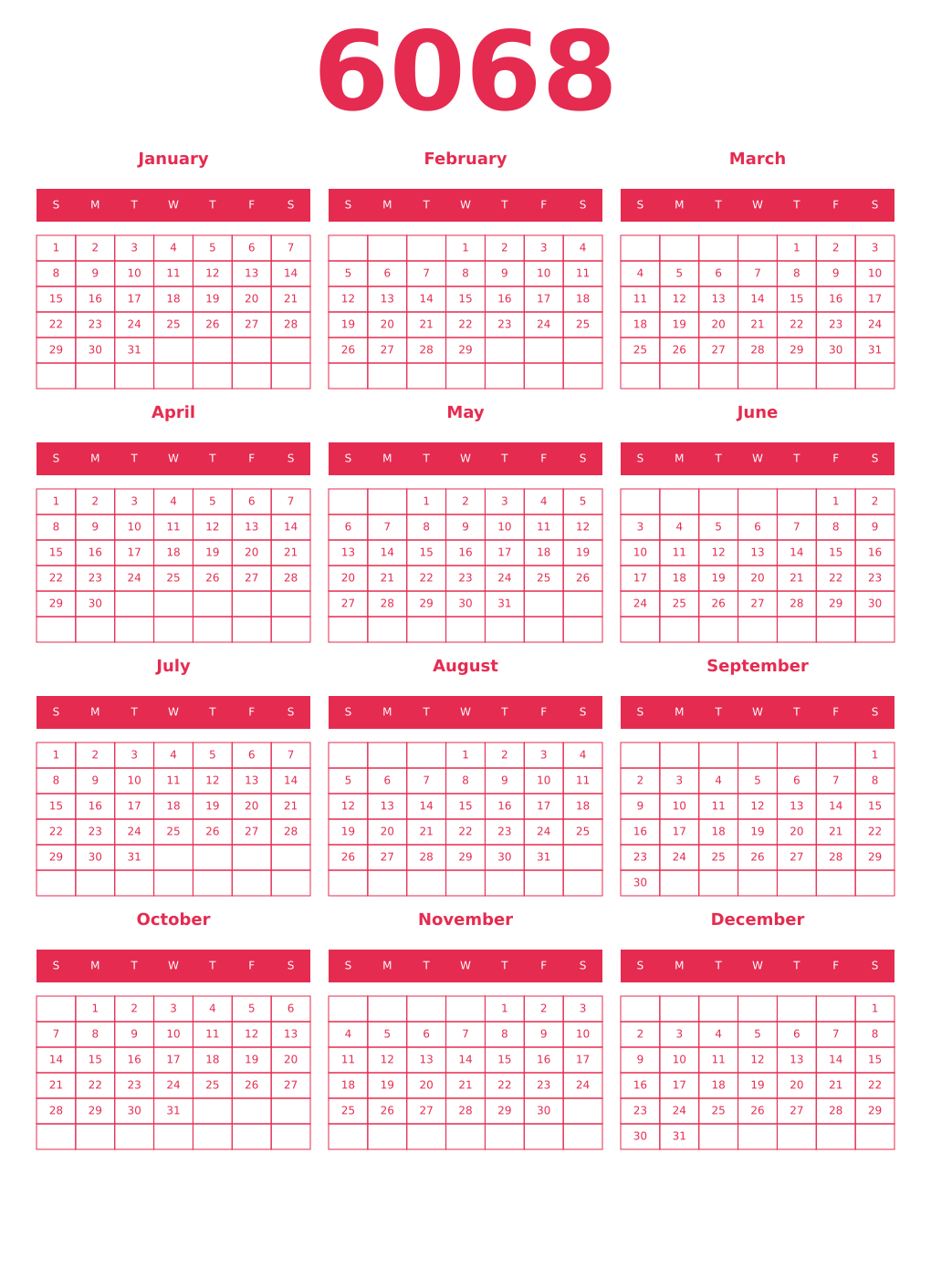 Printable 6068 Year Calendars amaranth