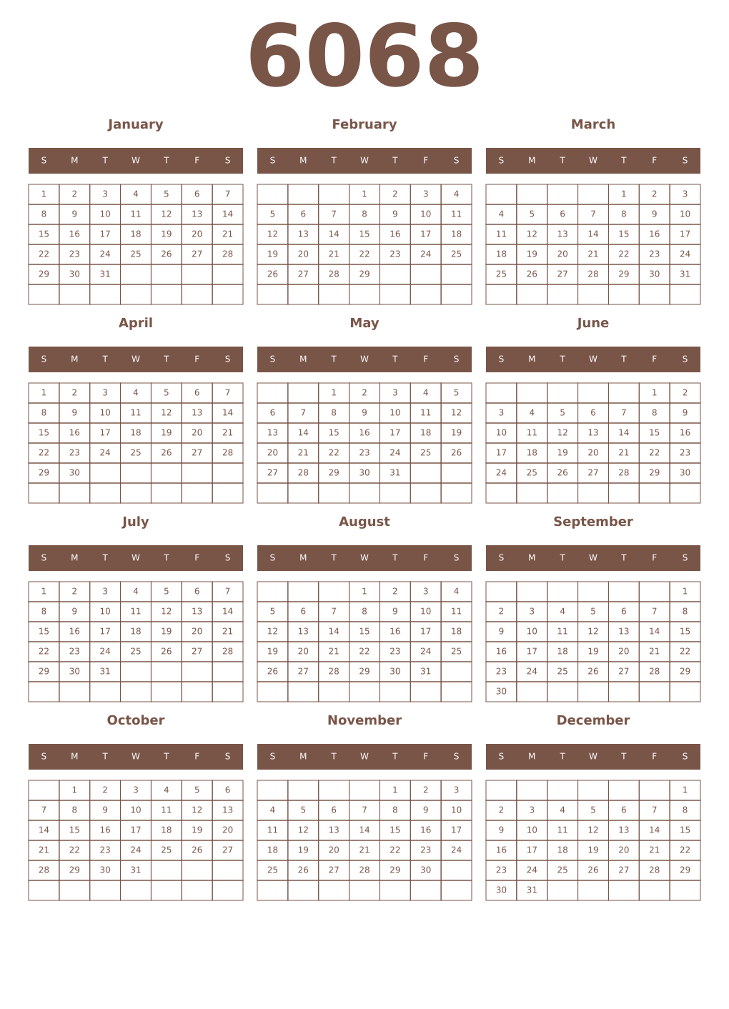 Printable 6068 Year Calendars coffe