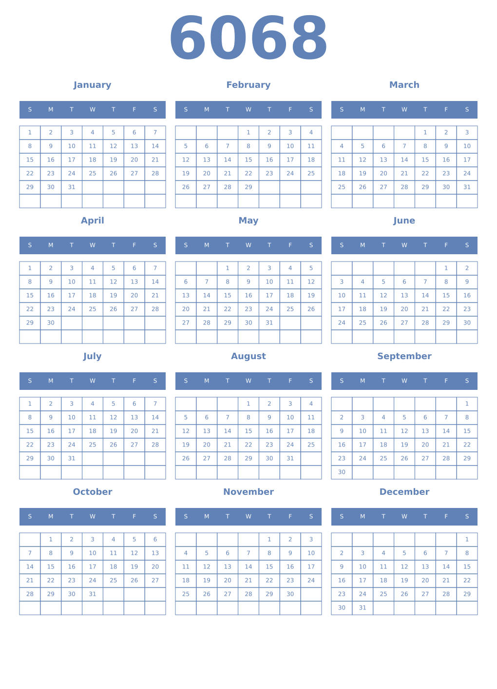Printable 6068 Year Calendars glaucous