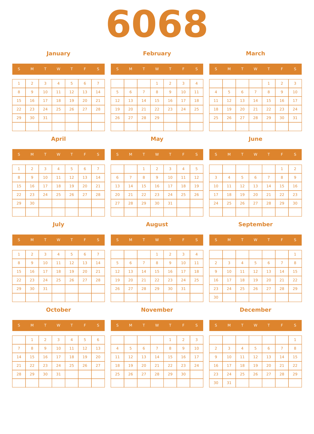 Printable 6068 Year Calendars orange
