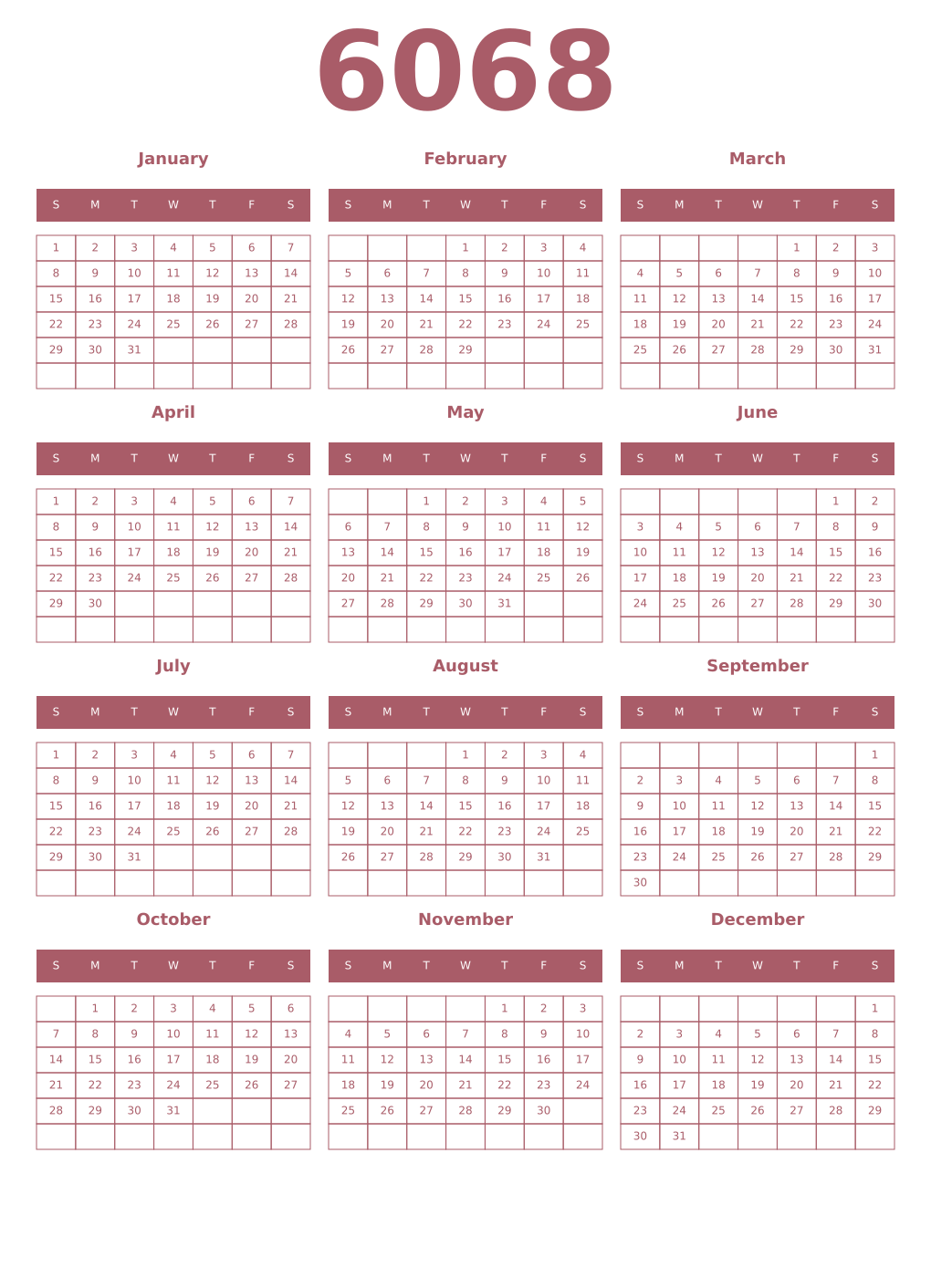 Printable 6068 Year Calendars puce