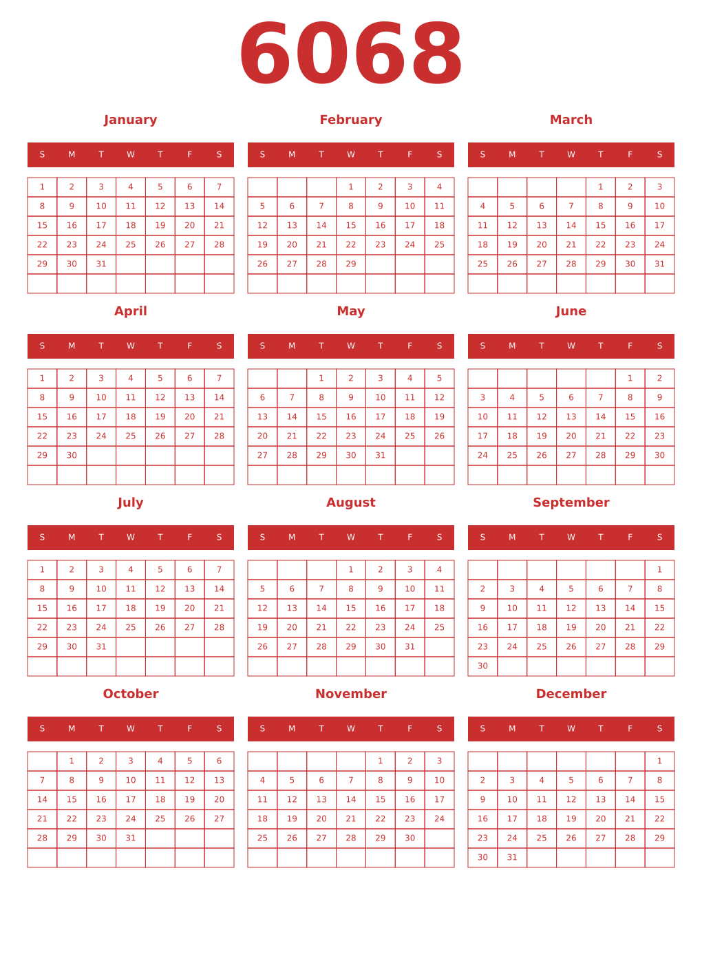 Printable 6068 Year Calendars red