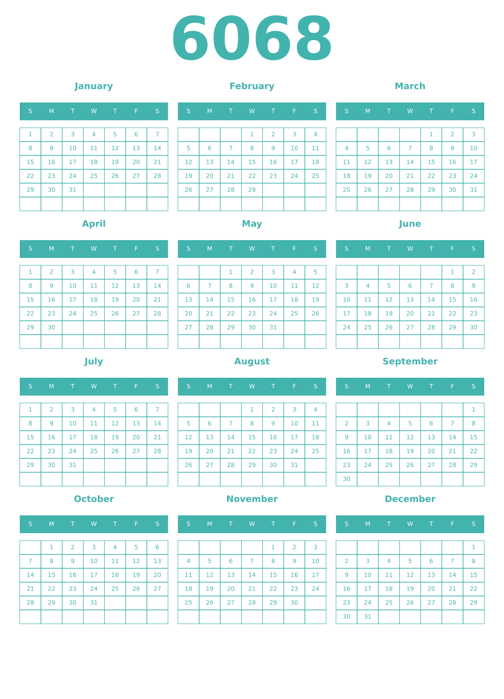 Printable 6068 Year Calendars verdigris
