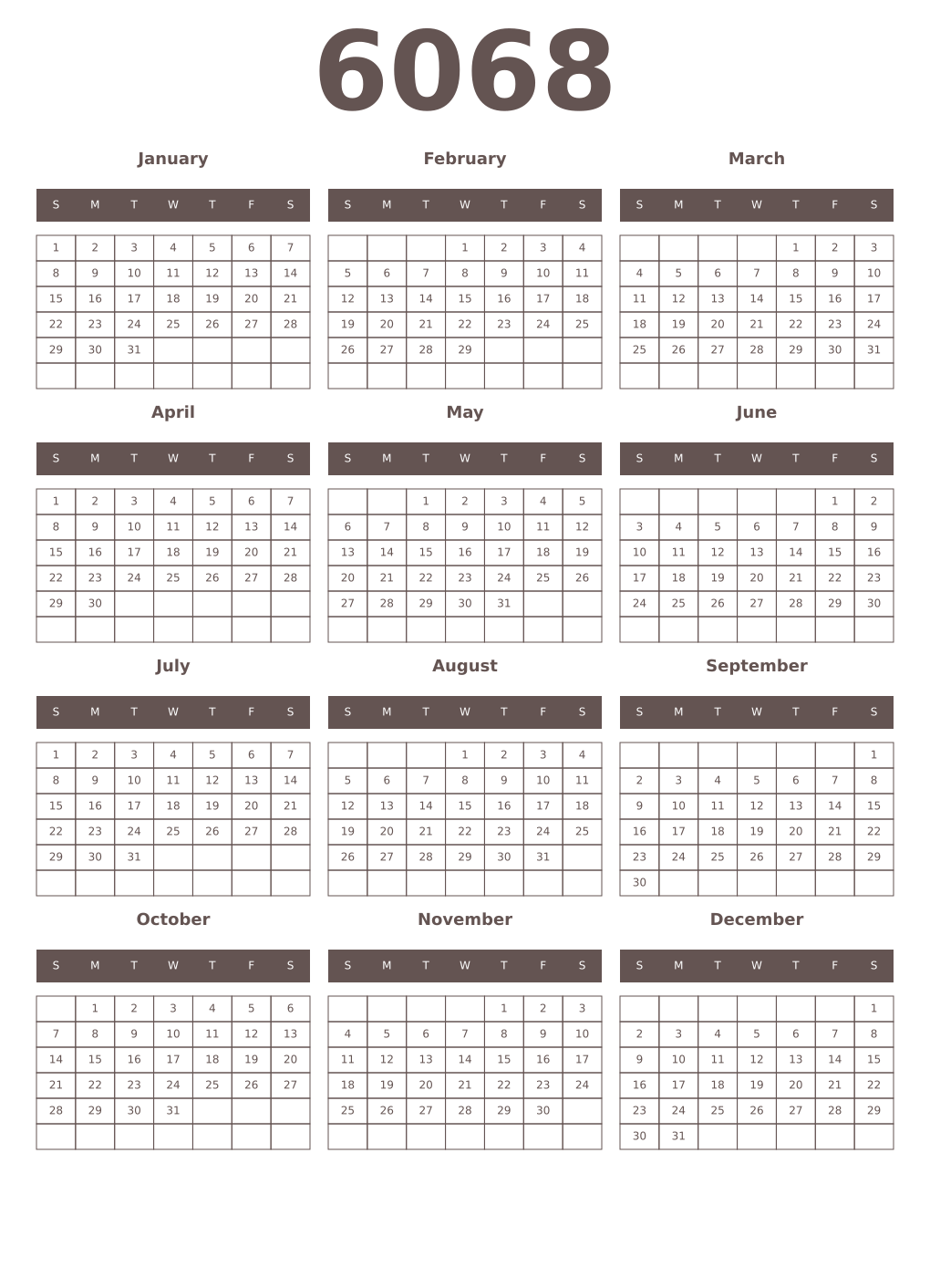 Printable 6068 Year Calendars wenge