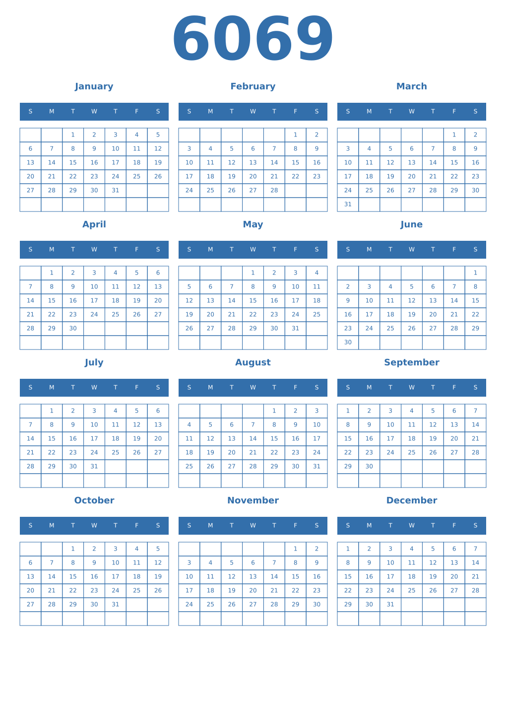 Printable 6069 Year Calendars blue