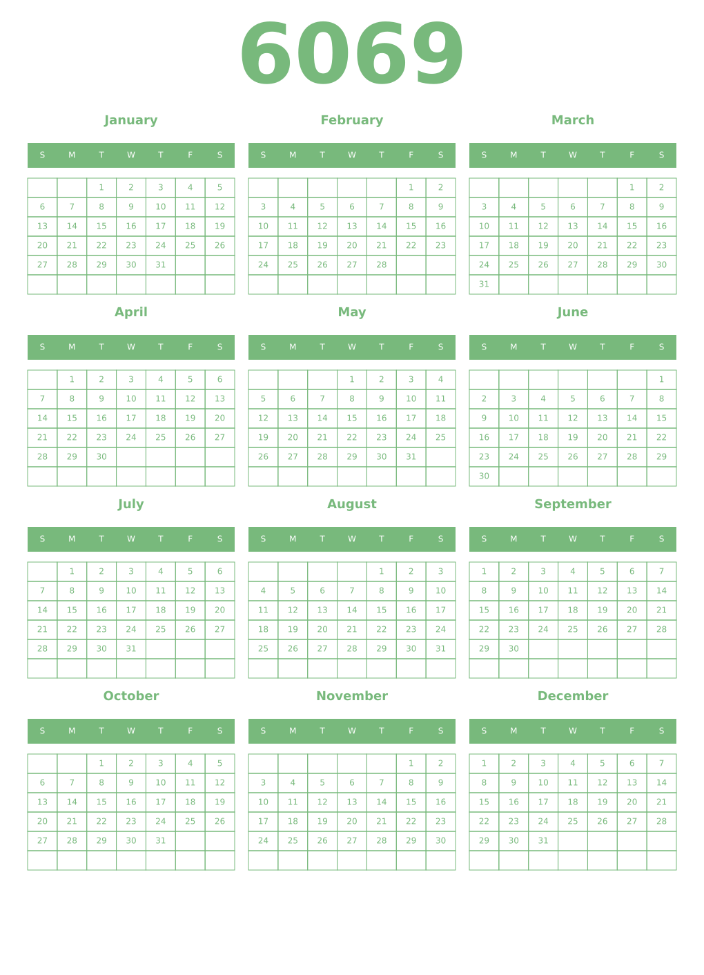 Printable 6069 Year Calendars celadon