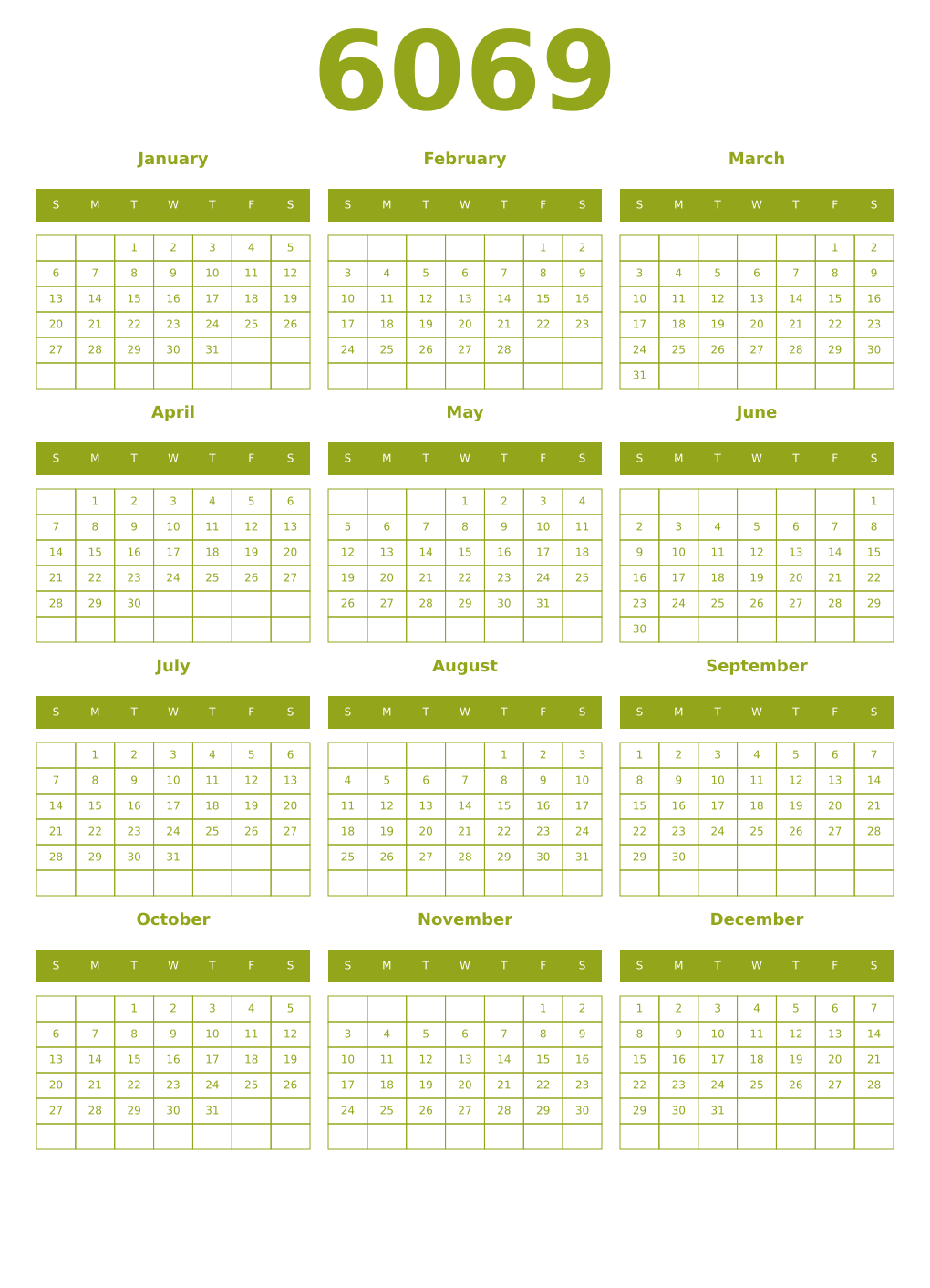 Printable 6069 Year Calendars chartreuse