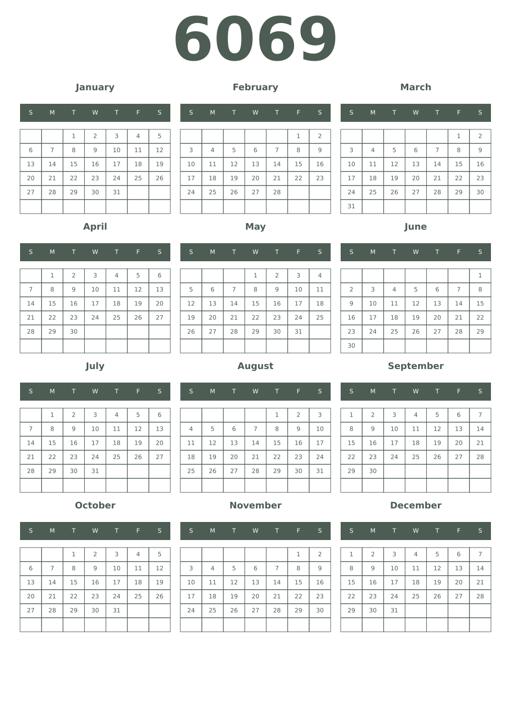 Printable 6069 Year Calendars feldgrau