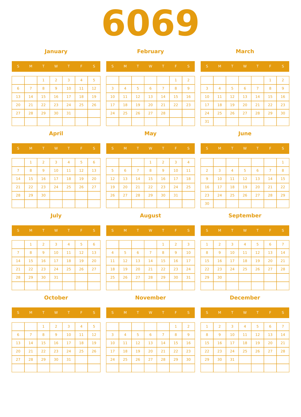 Printable 6069 Year Calendars gamboge