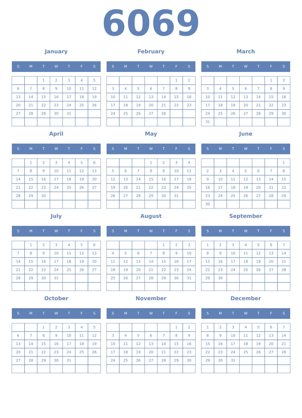 Printable 6069 Year Calendars glaucous