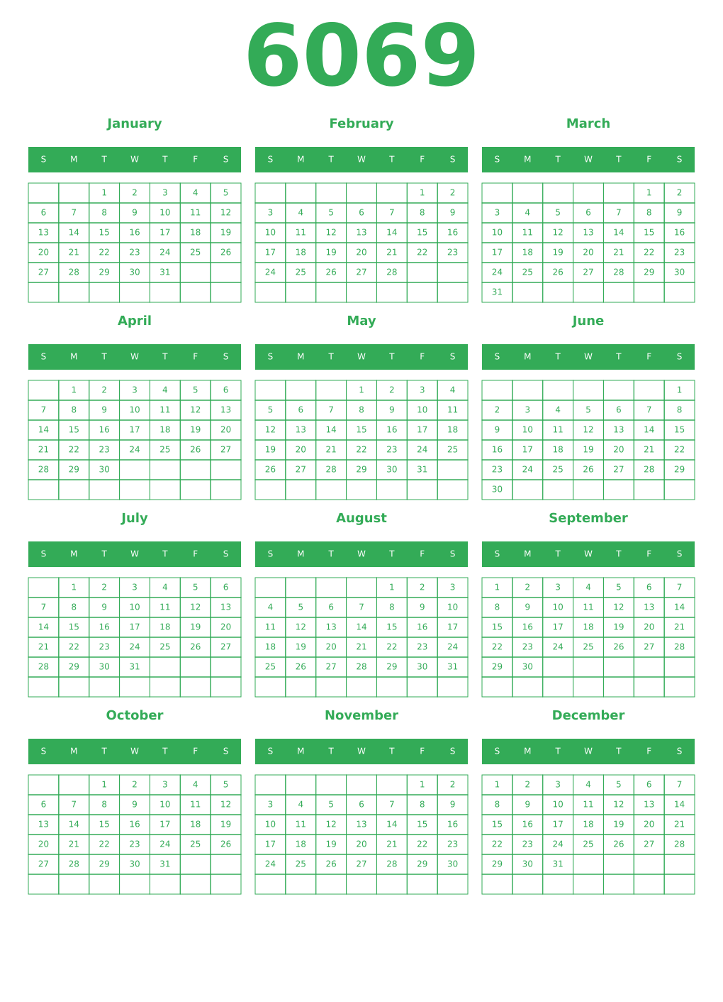 Printable 6069 Year Calendars green