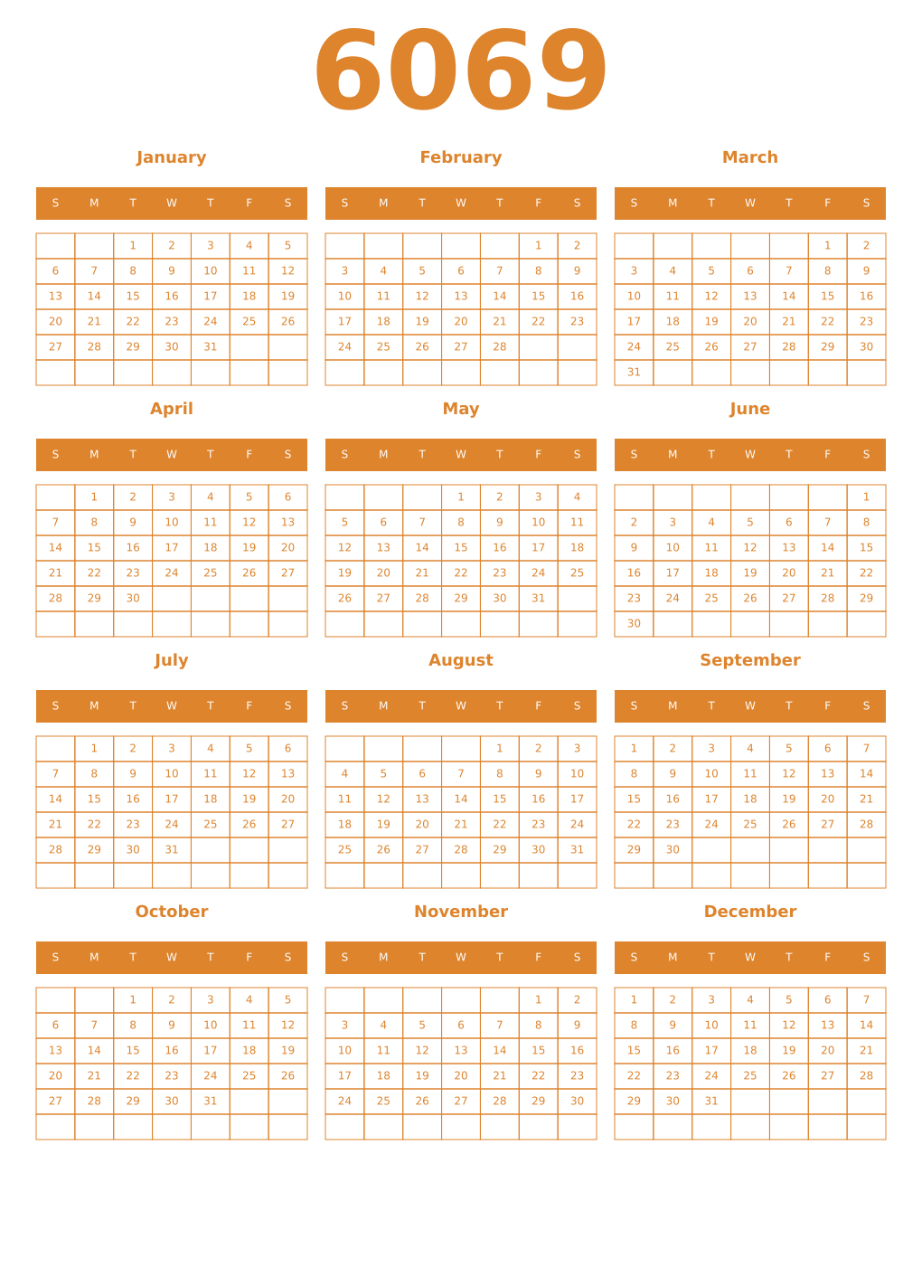 Printable 6069 Year Calendars orange