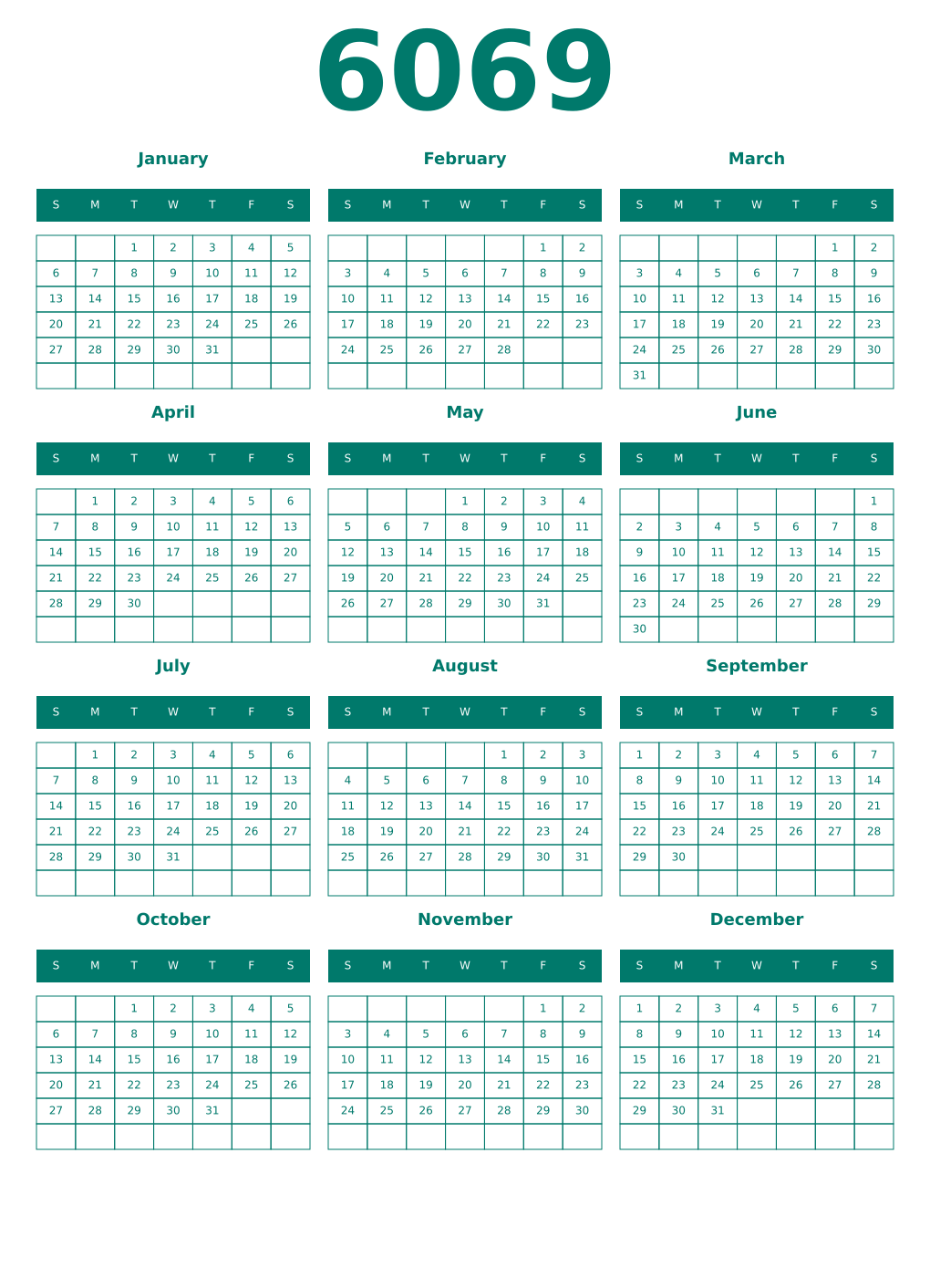 Printable 6069 Year Calendars pastel