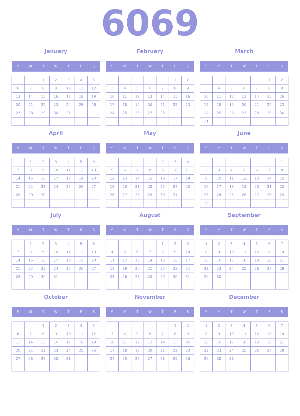 Printable 6069 Year Calendars periwinkle