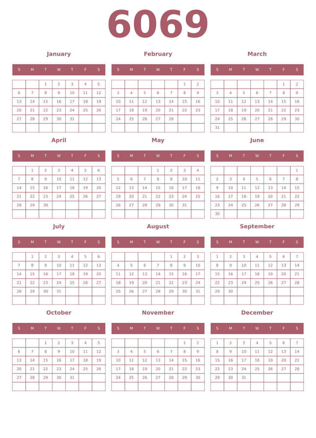 Printable 6069 Year Calendars puce