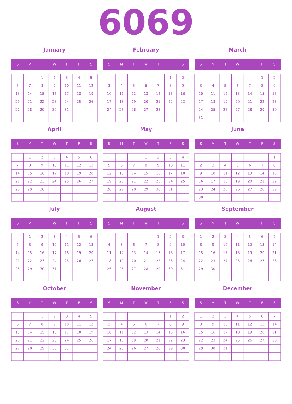 Printable 6069 Year Calendars purple