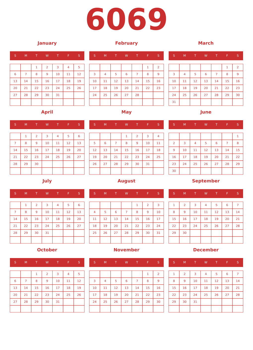 Printable 6069 Year Calendars red