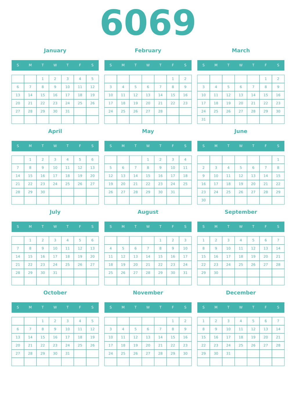 Printable 6069 Year Calendars verdigris
