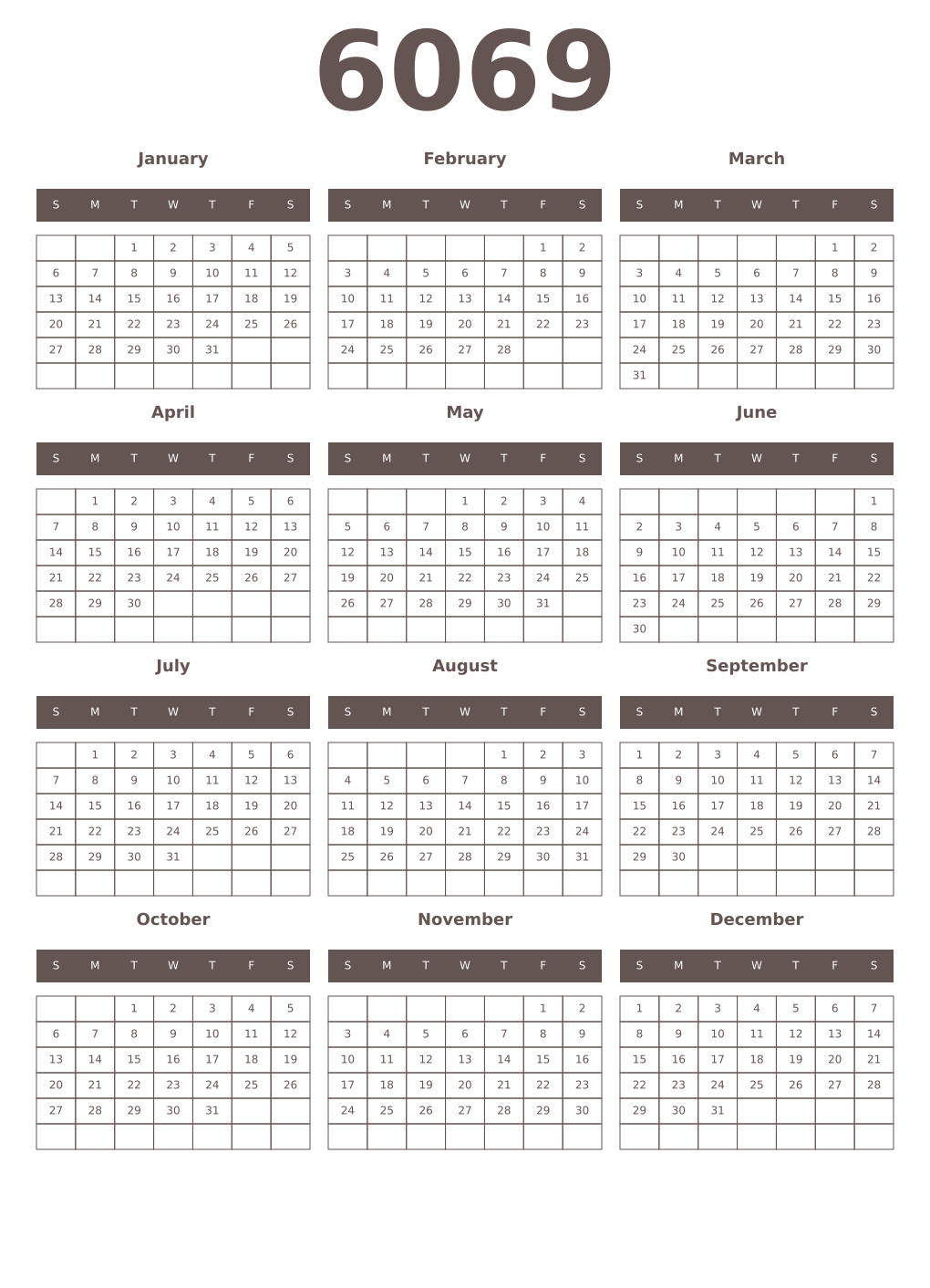 Printable 6069 Year Calendars wenge