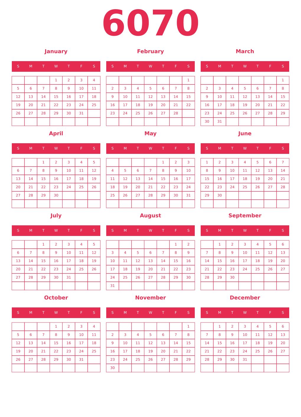 Printable 6070 Year Calendars amaranth