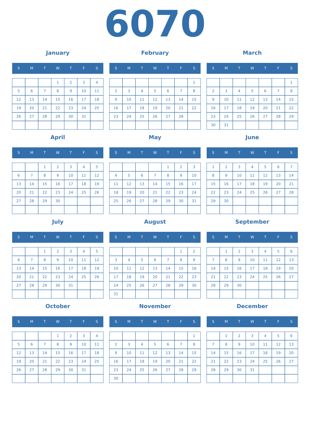 Printable 6070 Year Calendars blue