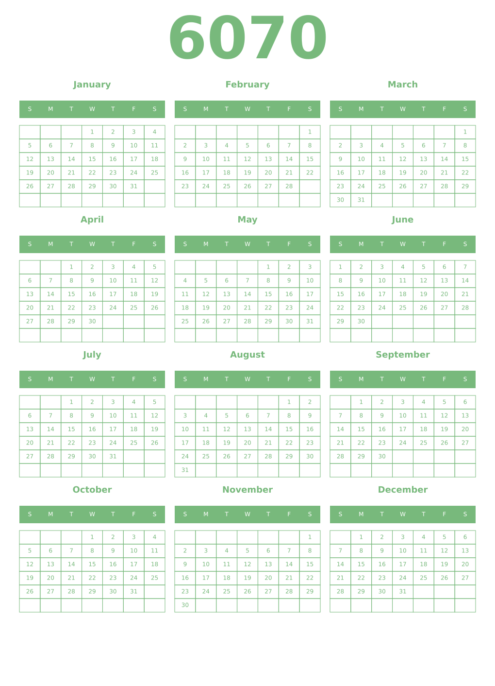 Printable 6070 Year Calendars celadon