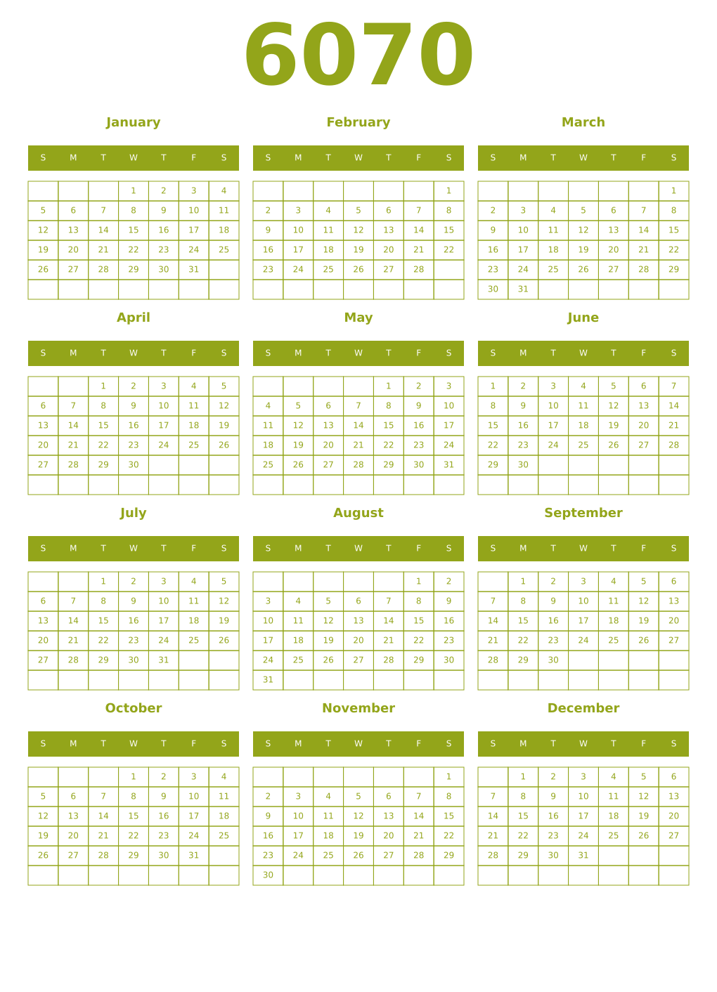 Printable 6070 Year Calendars chartreuse