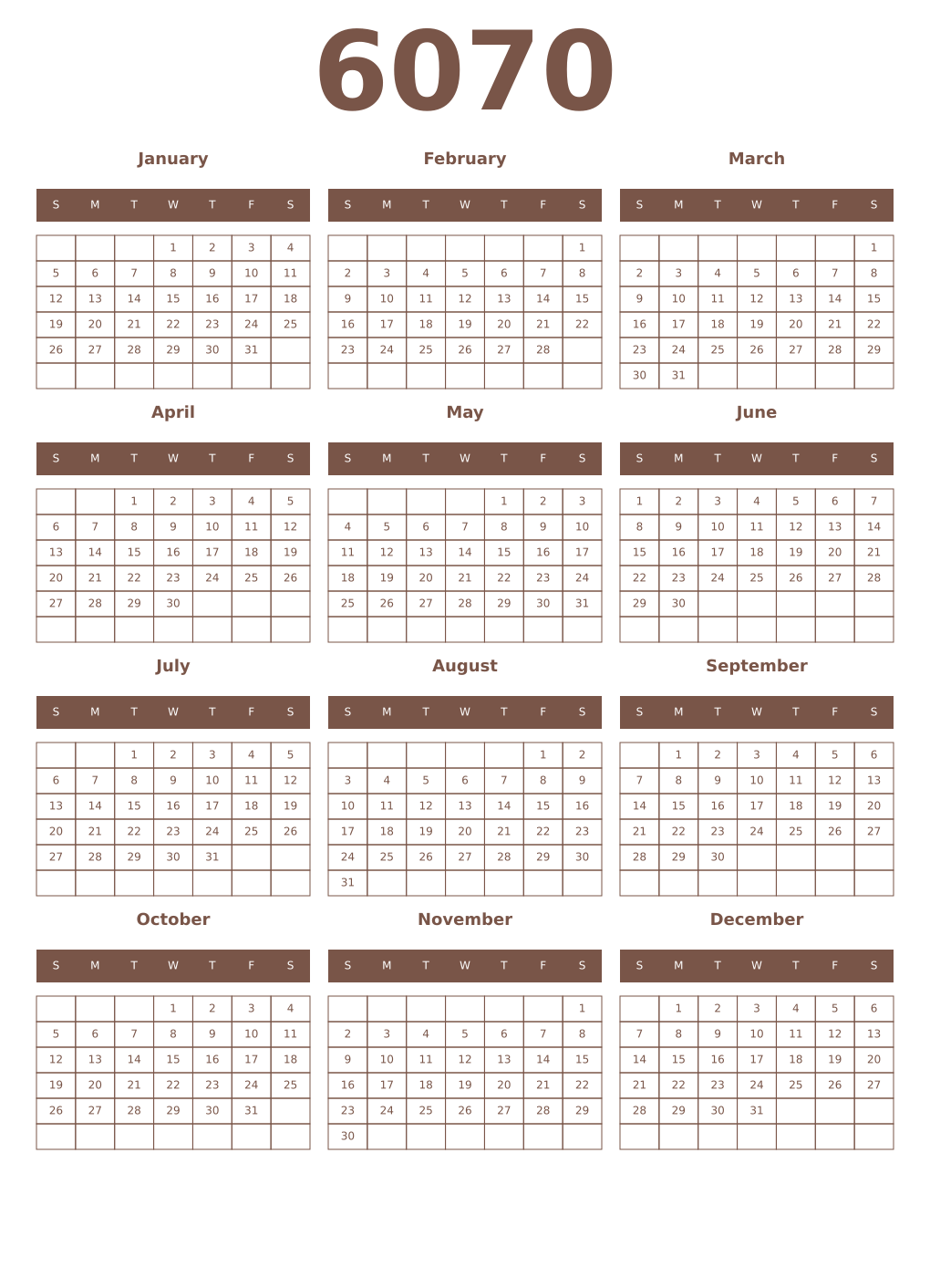 Printable 6070 Year Calendars coffe
