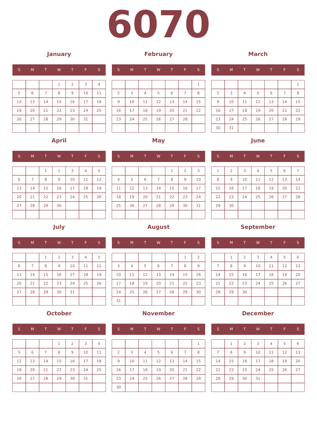 Printable 6070 Year Calendars cordovan